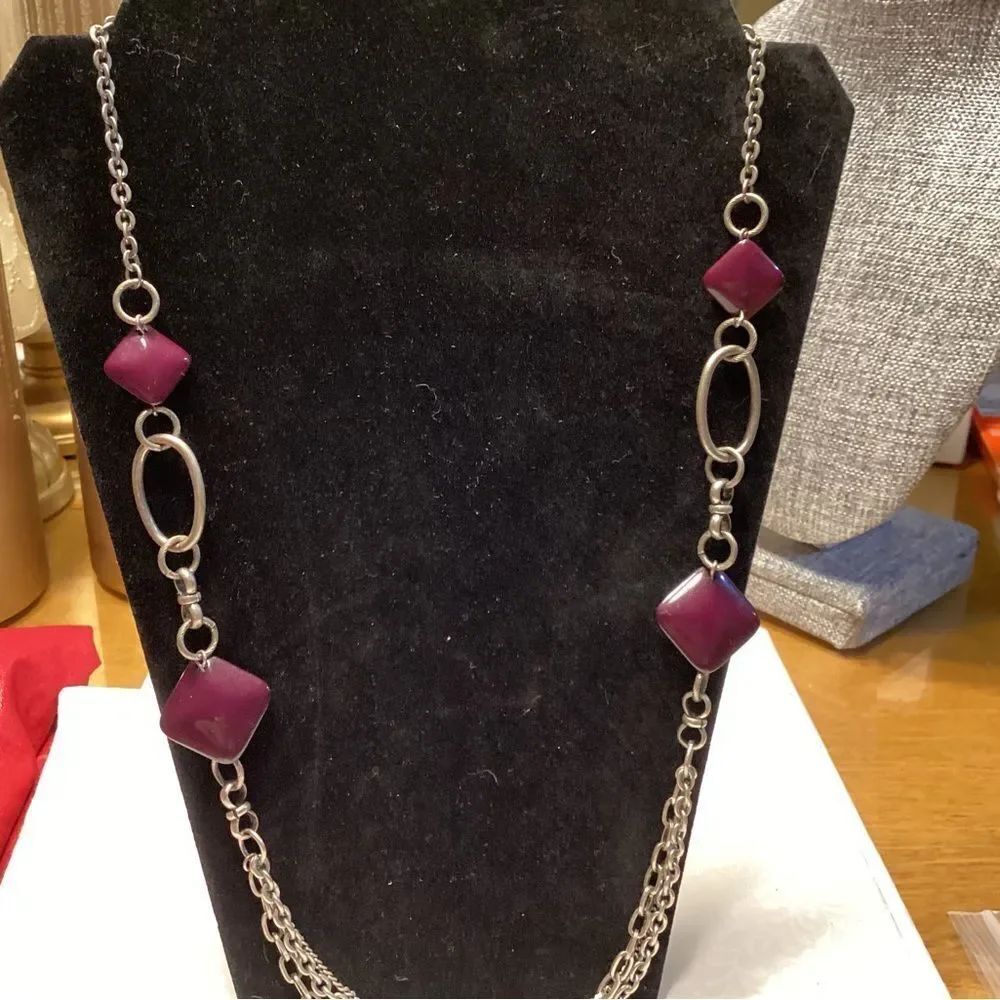 Long Women's Silvertone Necklace with Plum/Merlot Accent Beads
